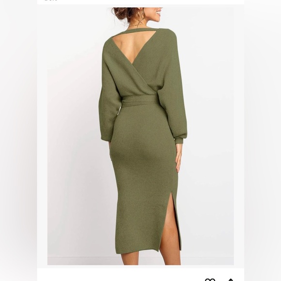 Olive green fitted V neck sweater dress - Picture 4 of 10
